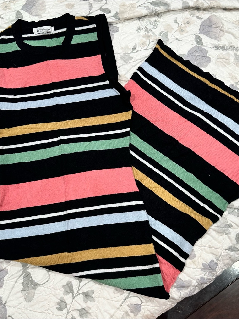 BCBGeneration Black, Teal & White Striped Rib-Knit dress